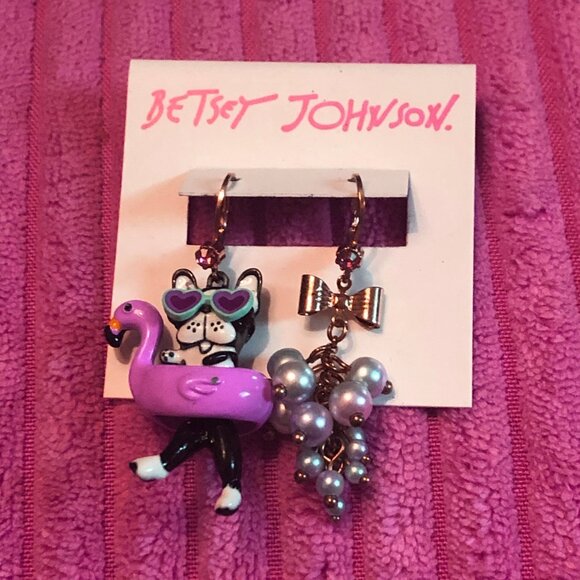 NWT Betsey Johnson flamingo frenchie bulldog pool float earrings necklace set - Picture 2 of 6